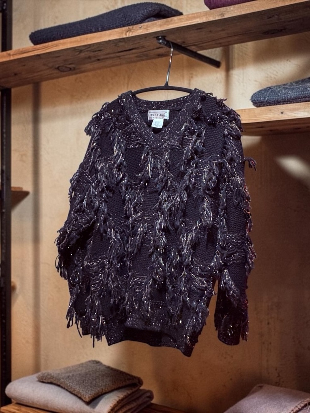 Vintage Maurada charcoal Fringe metallic textured shag Sweater (late 80’s)